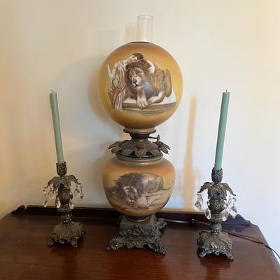 LOT 81D: Antique Hand-Painted Lion-Themed Gone With the Wind Lamp and Candle Holders