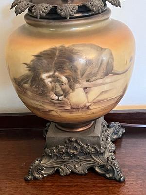 LOT 81D: Antique Hand-Painted Lion-Themed Gone With the Wind Lamp and Candle Holders