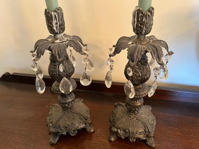 LOT 81D: Antique Hand-Painted Lion-Themed Gone With the Wind Lamp and Candle Holders