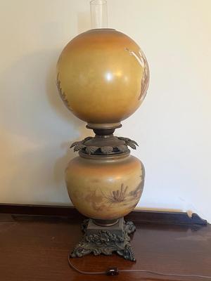 LOT 81D: Antique Hand-Painted Lion-Themed Gone With the Wind Lamp and Candle Holders