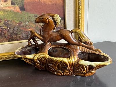 LOT 92L: Mid-Century Modern Horse Planter / TV Lamp + Framed Print