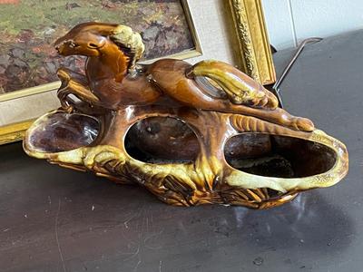 LOT 92L: Mid-Century Modern Horse Planter / TV Lamp + Framed Print