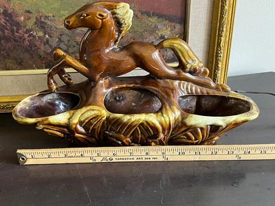 LOT 92L: Mid-Century Modern Horse Planter / TV Lamp + Framed Print
