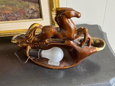 LOT 92L: Mid-Century Modern Horse Planter / TV Lamp + Framed Print