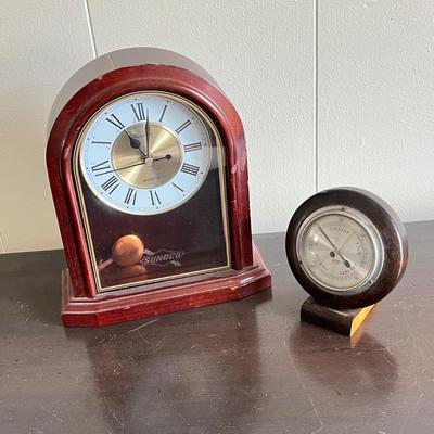 LOT 93: Vintage Sunoco Mantle Clock + Aneroid Barometer