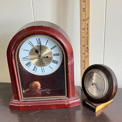 LOT 93: Vintage Sunoco Mantle Clock + Aneroid Barometer