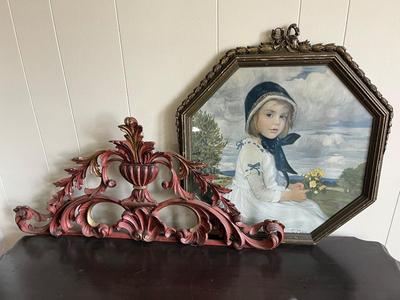 LOT 98L:Vintage / Antique Framed Print - "Anna Brigitta" by Corneille May + Antique Vintage Wall Pediment - Mase in Italy