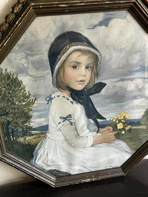 LOT 98L:Vintage / Antique Framed Print - "Anna Brigitta" by Corneille May + Antique Vintage Wall Pediment - Mase in Italy