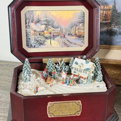 LOT 101K: Thomas Kinkade "Silent Night" Framed Print w/ COA, Holiday Traditions "We Wish You a Merry Christmas" Music...