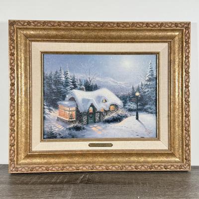 LOT 101K: Thomas Kinkade "Silent Night" Framed Print w/ COA, Holiday Traditions "We Wish You a Merry Christmas" Music...