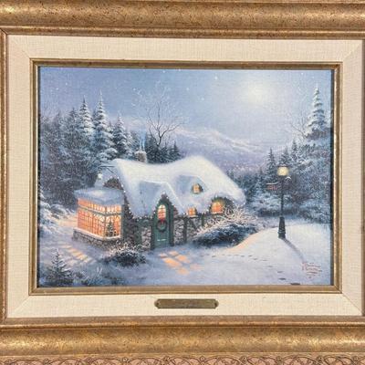 LOT 101K: Thomas Kinkade "Silent Night" Framed Print w/ COA, Holiday Traditions "We Wish You a Merry Christmas" Music...