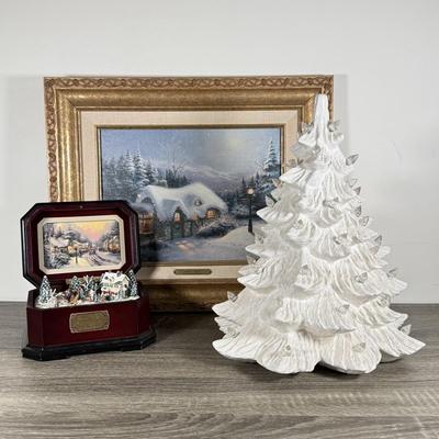 LOT 101K: Thomas Kinkade "Silent Night" Framed Print w/ COA, Holiday Traditions "We Wish You a Merry Christmas" Music...