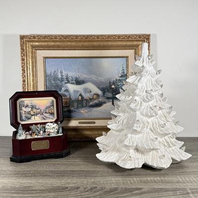 LOT 101K: Thomas Kinkade "Silent Night" Framed Print w/ COA, Holiday Traditions "We Wish You a Merry Christmas" Music...
