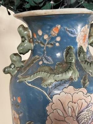 LOT 102D: Vintage Japanese Porcelain Large Vase w/ Stand & Faux Eucalyptus