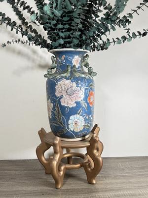 LOT 102D: Vintage Japanese Porcelain Large Vase w/ Stand & Faux Eucalyptus