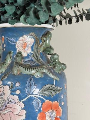 LOT 102D: Vintage Japanese Porcelain Large Vase w/ Stand & Faux Eucalyptus