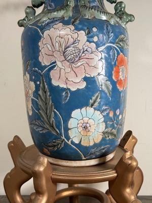 LOT 102D: Vintage Japanese Porcelain Large Vase w/ Stand & Faux Eucalyptus