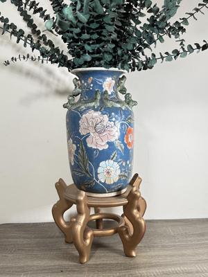 LOT 102D: Vintage Japanese Porcelain Large Vase w/ Stand & Faux Eucalyptus