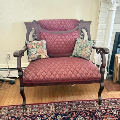LOT 106L: Antique / Vintage Wood Carved Red Upholstery Settee