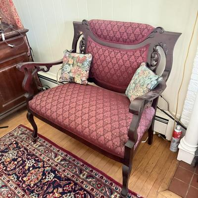 LOT 106L: Antique / Vintage Wood Carved Red Upholstery Settee