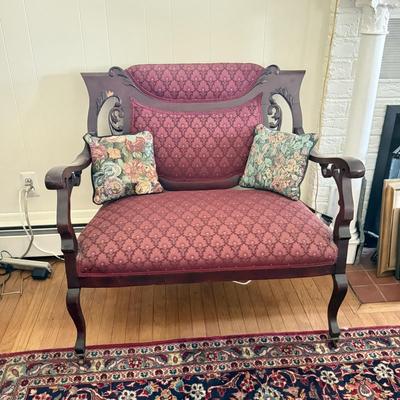 LOT 106L: Antique / Vintage Wood Carved Red Upholstery Settee