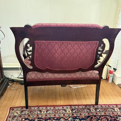 LOT 106L: Antique / Vintage Wood Carved Red Upholstery Settee