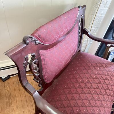 LOT 106L: Antique / Vintage Wood Carved Red Upholstery Settee