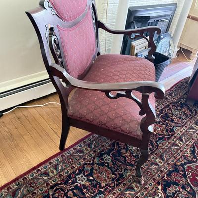 LOT 106L: Antique / Vintage Wood Carved Red Upholstery Settee