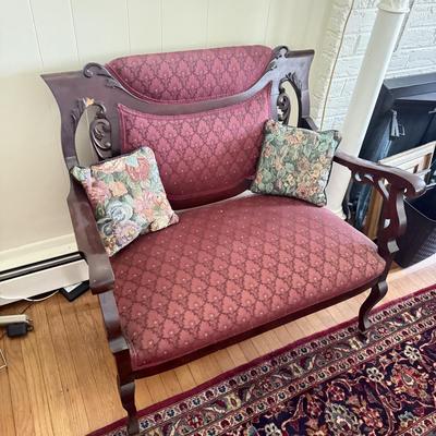 LOT 106L: Antique / Vintage Wood Carved Red Upholstery Settee