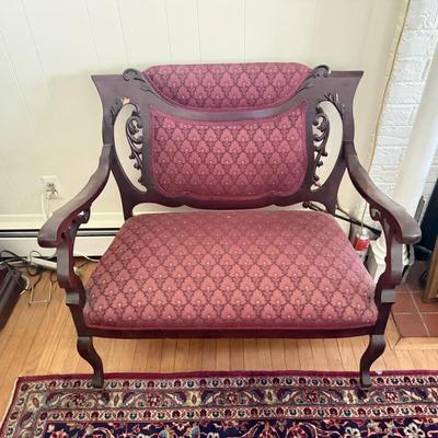 LOT 106L: Antique / Vintage Wood Carved Red Upholstery Settee