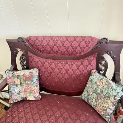 LOT 106L: Antique / Vintage Wood Carved Red Upholstery Settee