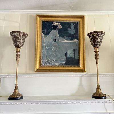 LOT 107L: Framed Original Oil Replica by H. A. DeNunzio Co. & 28" Glass Shade Lamps