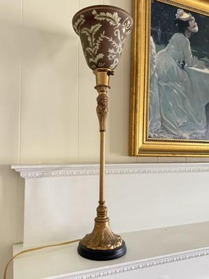 LOT 107L: Framed Original Oil Replica by H. A. DeNunzio Co. & 28" Glass Shade Lamps