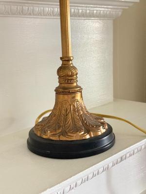 LOT 107L: Framed Original Oil Replica by H. A. DeNunzio Co. & 28" Glass Shade Lamps