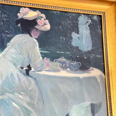 LOT 107L: Framed Original Oil Replica by H. A. DeNunzio Co. & 28" Glass Shade Lamps