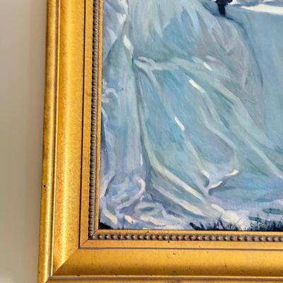 LOT 107L: Framed Original Oil Replica by H. A. DeNunzio Co. & 28" Glass Shade Lamps