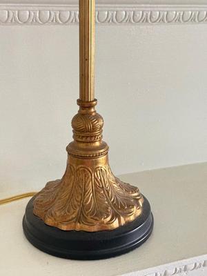 LOT 107L: Framed Original Oil Replica by H. A. DeNunzio Co. & 28" Glass Shade Lamps