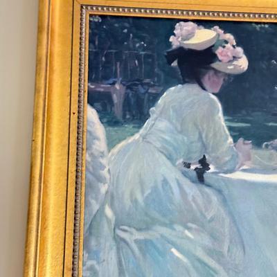 LOT 107L: Framed Original Oil Replica by H. A. DeNunzio Co. & 28" Glass Shade Lamps