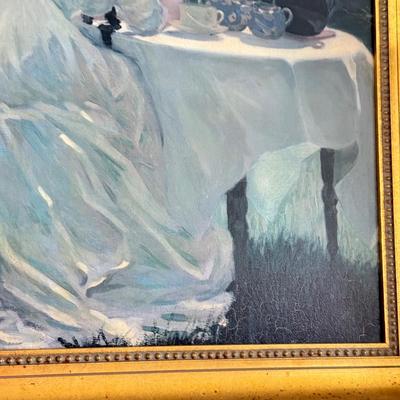 LOT 107L: Framed Original Oil Replica by H. A. DeNunzio Co. & 28" Glass Shade Lamps