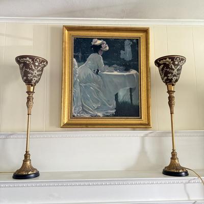 LOT 107L: Framed Original Oil Replica by H. A. DeNunzio Co. & 28" Glass Shade Lamps