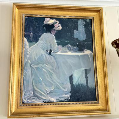 LOT 107L: Framed Original Oil Replica by H. A. DeNunzio Co. & 28" Glass Shade Lamps