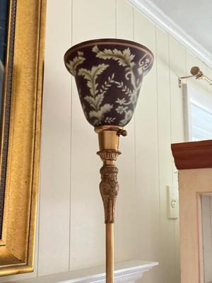 LOT 107L: Framed Original Oil Replica by H. A. DeNunzio Co. & 28" Glass Shade Lamps