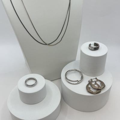 LOT 2J: Sterling Silver (925) Dolphin Earring Wedding Band-sz 7, Single Earring and 2-Chains