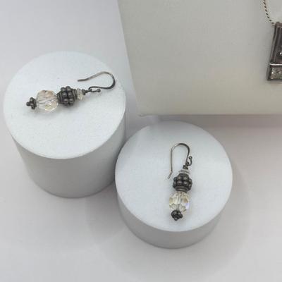 LOT 3: Sterling Silver 925/Italy Chain with Rhinestone Pendant & Pierced Earrings
