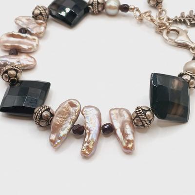 LOT 7: Sterling 925 Clasp and Charm Bracelet with Baroque Pearl and Glass Beads