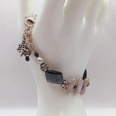 LOT 7: Sterling 925 Clasp and Charm Bracelet with Baroque Pearl and Glass Beads