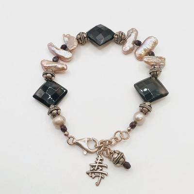 LOT 7: Sterling 925 Clasp and Charm Bracelet with Baroque Pearl and Glass Beads