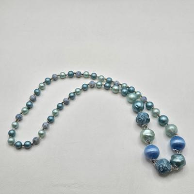 LOT 28: Shades of Blue and Turquoise Bead Neckace and Two Shade Green Bead Necklace