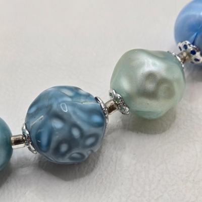 LOT 28: Shades of Blue and Turquoise Bead Neckace and Two Shade Green Bead Necklace