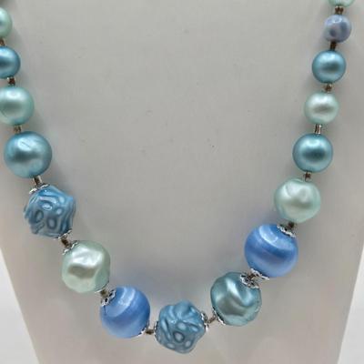 LOT 28: Shades of Blue and Turquoise Bead Neckace and Two Shade Green Bead Necklace